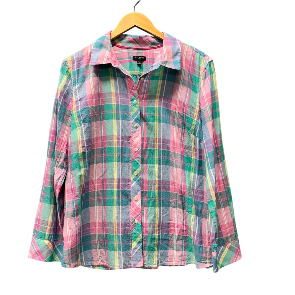 Talbots Blouse Plaid Button Up Long Sleeve Coastal Cotton Womens XLp Petite XL